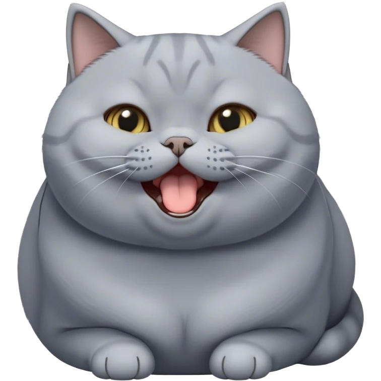 Cinematic Cute Chubby Grey British Shorthair Cat Portrait Emoji, Head tilted playfully and yawning, round and plump body with sleek soft grey fur and subtle blue undertones, Simplified yet adorable features, highly detailed, glowing with a warm, friendly glow, high shine, curious yet calm, stylized with a touch of whimsy, bright and endearing, soft glowing outline, capturing the essence of a mischievous yet loving and lazy kitty, so cute it feels like it could stretch out of the screen and cuddle! emoji