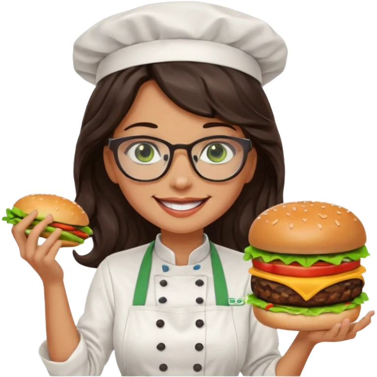 A female chef with glasses, dark brown long wavy hair, Green eyes and cooking a burger emoji