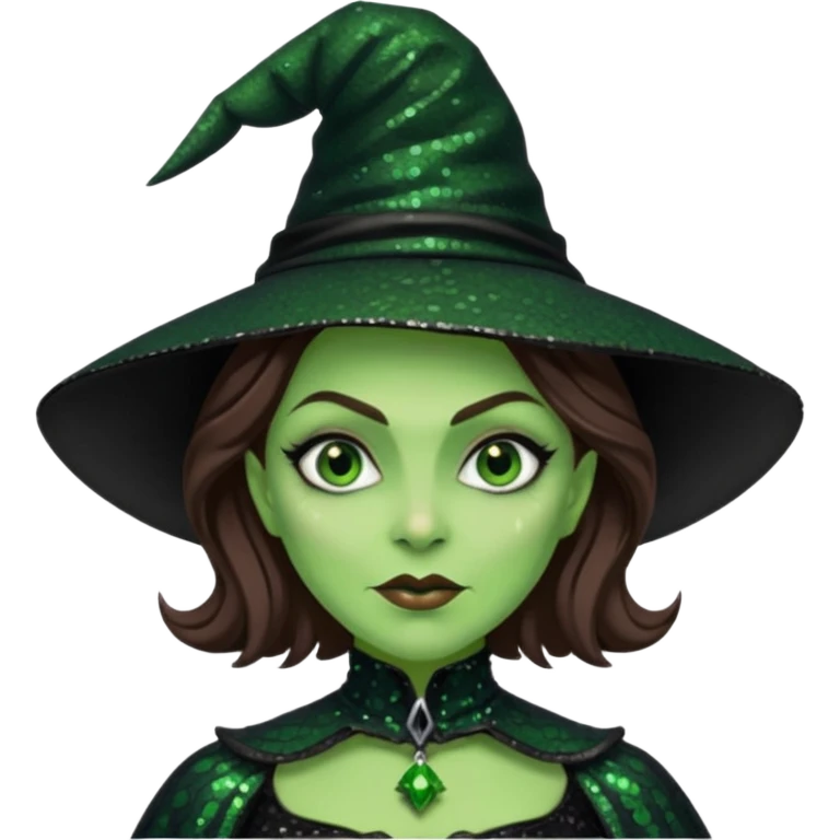 The Wicked Witch from Oz with green skin, brown hair, black sequin outfit emoji