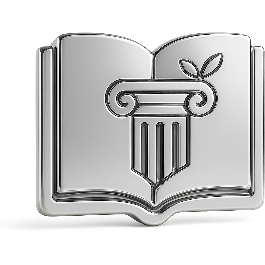 Minimal flat icon representing stoic philosophy and journaling: an open notebook combined with a classical column or laurel symbol, representing wisdom, reflection and inner discipline emoji