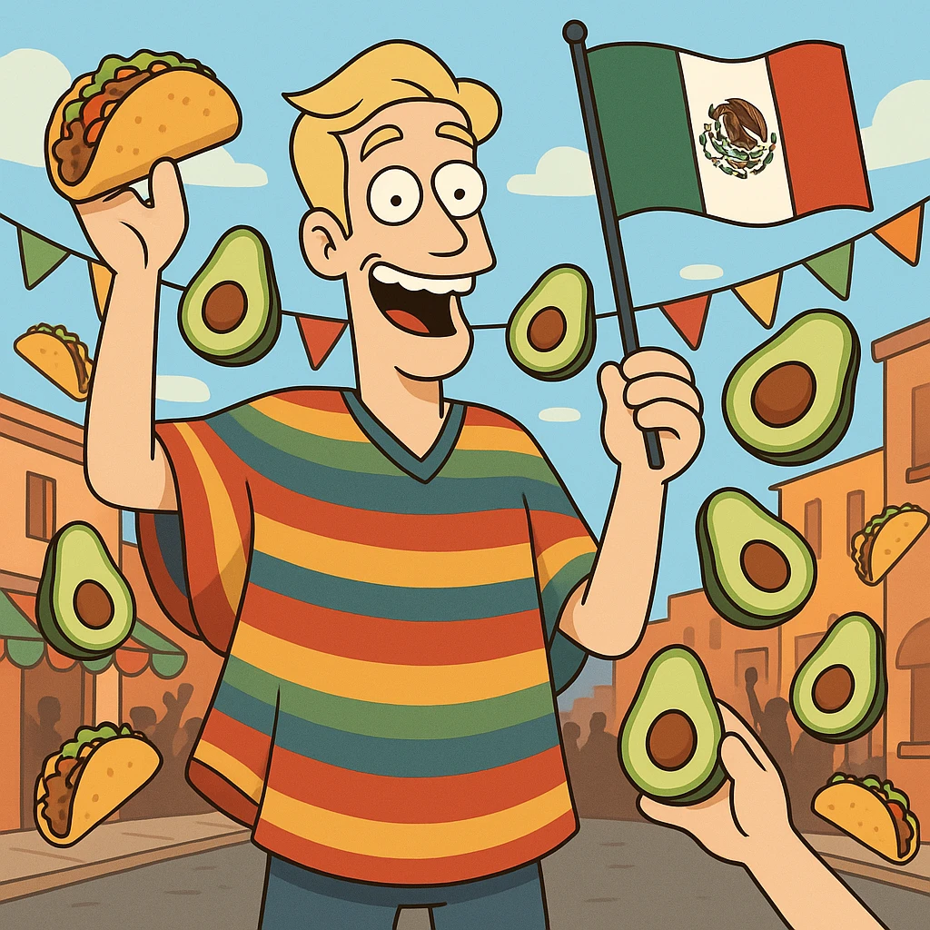 playful cartoon of a tall white American with blonde hair, colorful poncho, smiling, holding taco and avocado, waving Mexico flag, surrounded by tacos and avocados, street party scene emoji