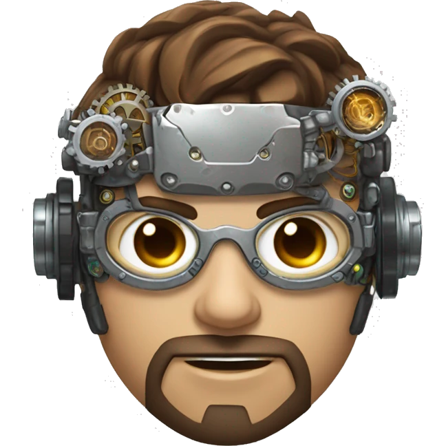 male cyborg head with brown short hair, brown beard, silver steampunk goggles and circuitry emoji