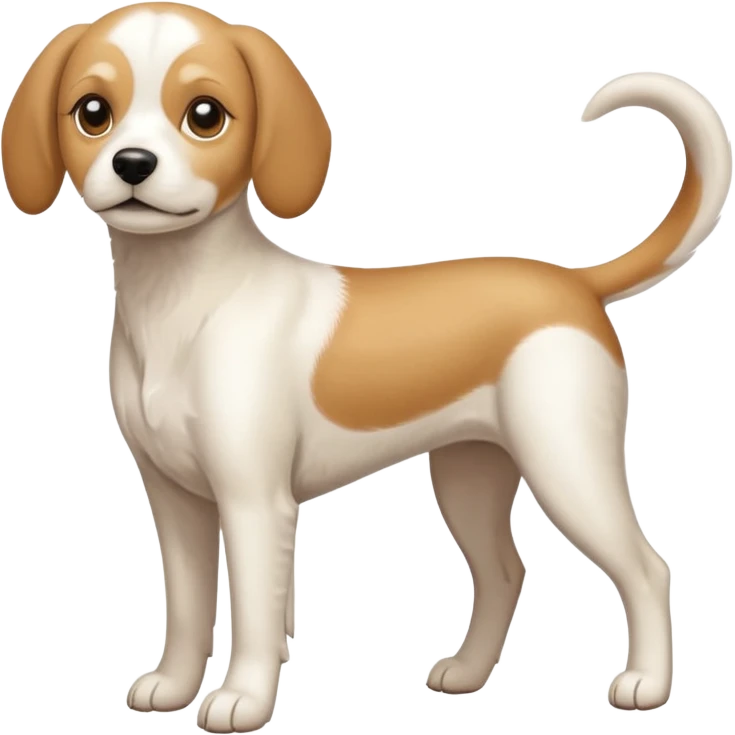 a full body white beagle x maltese x chi dog the size of a kelpie with light brown ears and a light brown patch on one eye emoji