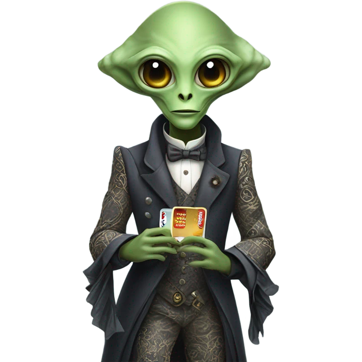 alien galora in Victorian dress elegant, full body, holding big credit card emoji