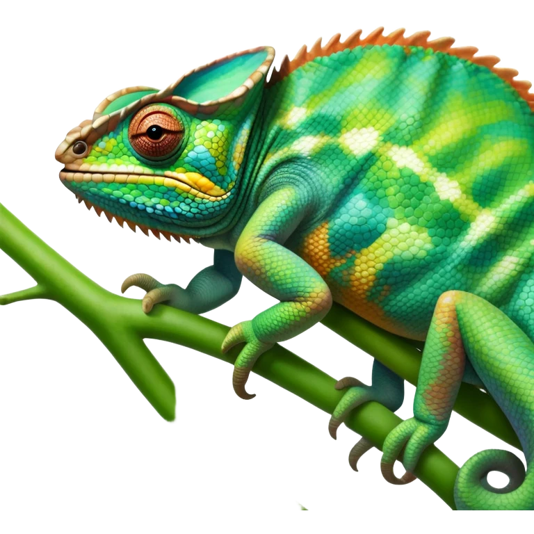 giant-chameleon-realistic emoji,-blending-with-vibrant-greenery.-detailed-scales-in-shifting-colors,-showing-the-chameleon’s-ability-to-camouflage.-soft-natural-light-highlights-its-texture.-nature-background, zoomed into its face emoji
