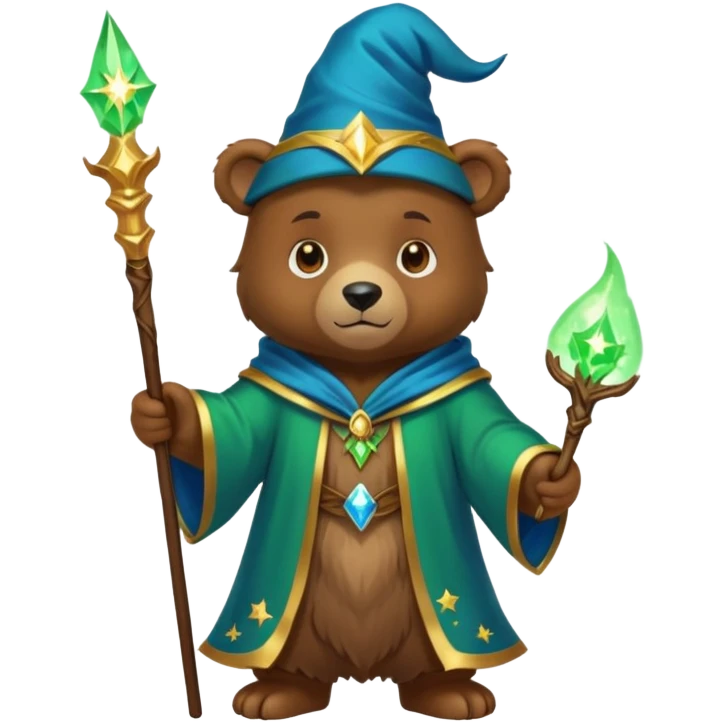 A young bear wizard with a glowing green spell, golden staff and starry blue robes emoji