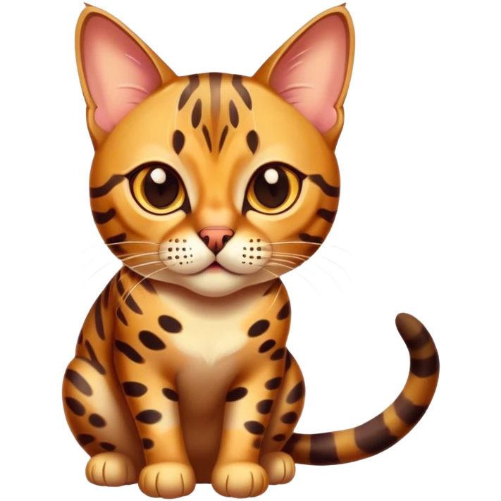 Cinematic Bengal Cat Portrait Emoji, Elegant and striking, sleek spotted brown and gold tones, Simplified yet sharp features, highly detailed, glowing with a warm, confident glow, high shine, playful and curious, stylized with an air of grace, focused and attentive, soft glowing outline, capturing the essence of agility and confidence, so lifelike it feels as though it could spring into motion at any moment! emoji