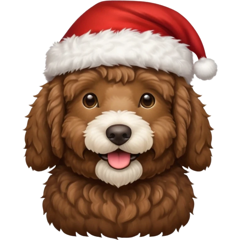 dark brown goldendoodle smiling with a Santa hat emoji