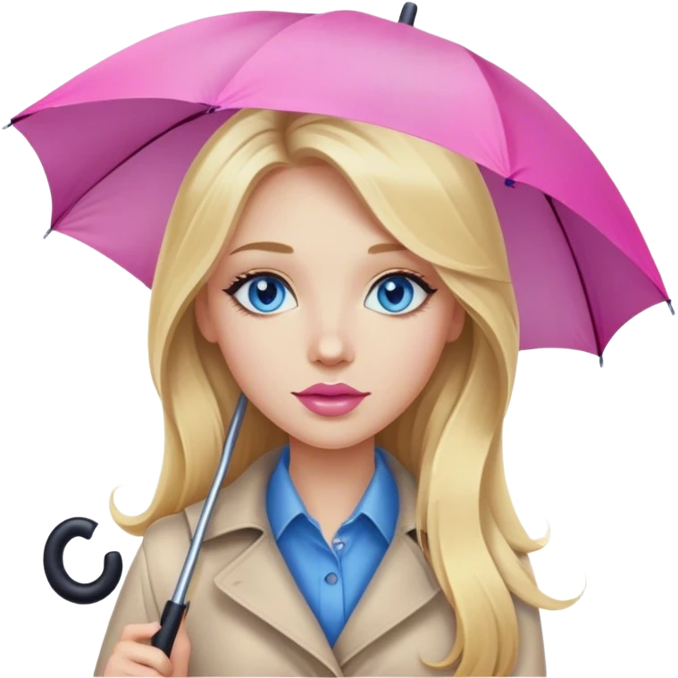 A beautiful blonde girl with long hair, blue eyes, pink lips, walks under an umbrella emoji