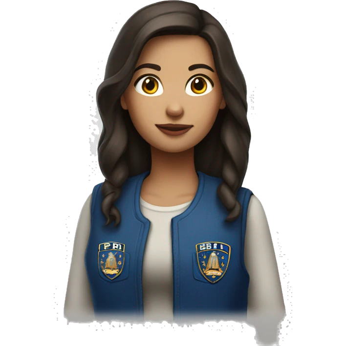 brunette girl wearing a blue vest that says FBI emoji
