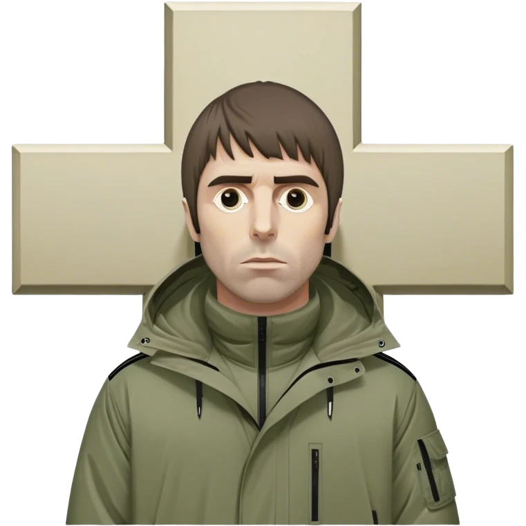 Liam Gallagher on cross like Jesus but with a parka and adidas emoji