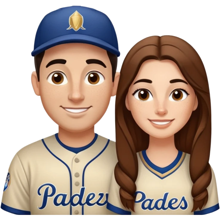 *White* couple smiling. Woman has big cheeks and a lot of freckles on the nose. long brown hair. Man has black and very short hair and prominent eyebrows with egipcian nose. Both are wearing “Los Padres” baseball jearsey emoji