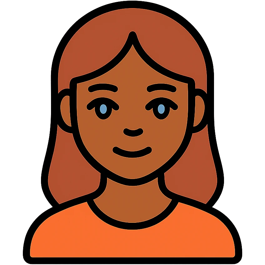 woman with blue-grey eyes, brown hair, brown skin, color outline icon style, black outlines, soft color fills, friendly and approachable look emoji