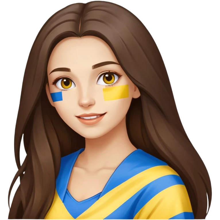 Brunette woman with long hair, Ukrainian flag (blue and yellow) painted on her cheek, happy expression emoji