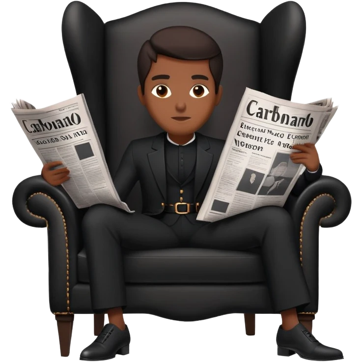  A black person sitting on an elegant chair, dressed in black, holding a large newspaper open in front of their face. The newspaper has the title “Carbonado” in bold letters The background is minimaliste  emoji