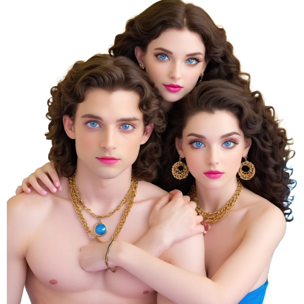 attractive couple in nightclub, colorful lights, woman with big blue-grey eyes, long lashes, pale skin, pink lips, long voluminous dark brown curls, gold hoop earrings, extremely revealing tiny top exposing skin next to handsome man with intense blue-grey eyes, chiseled features, pale skin, confident smirk, dark brown styled hair, gold chain, shirtless showing muscles, dancing close together emoji