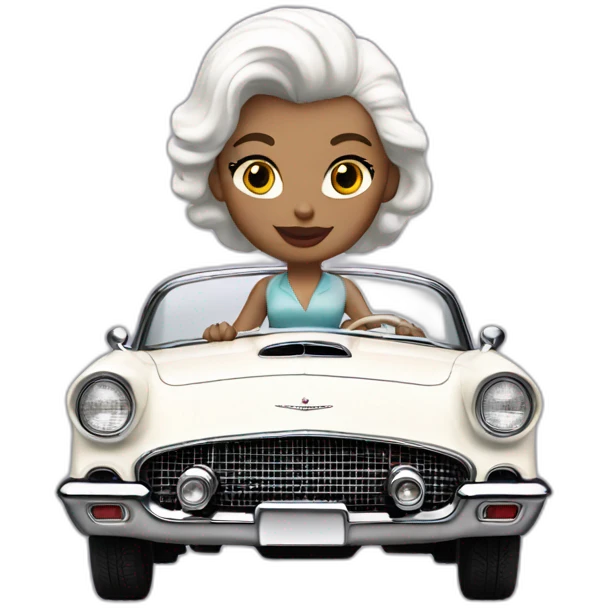 A woman with straight white hair driving a white 1957 Thunderbird emoji