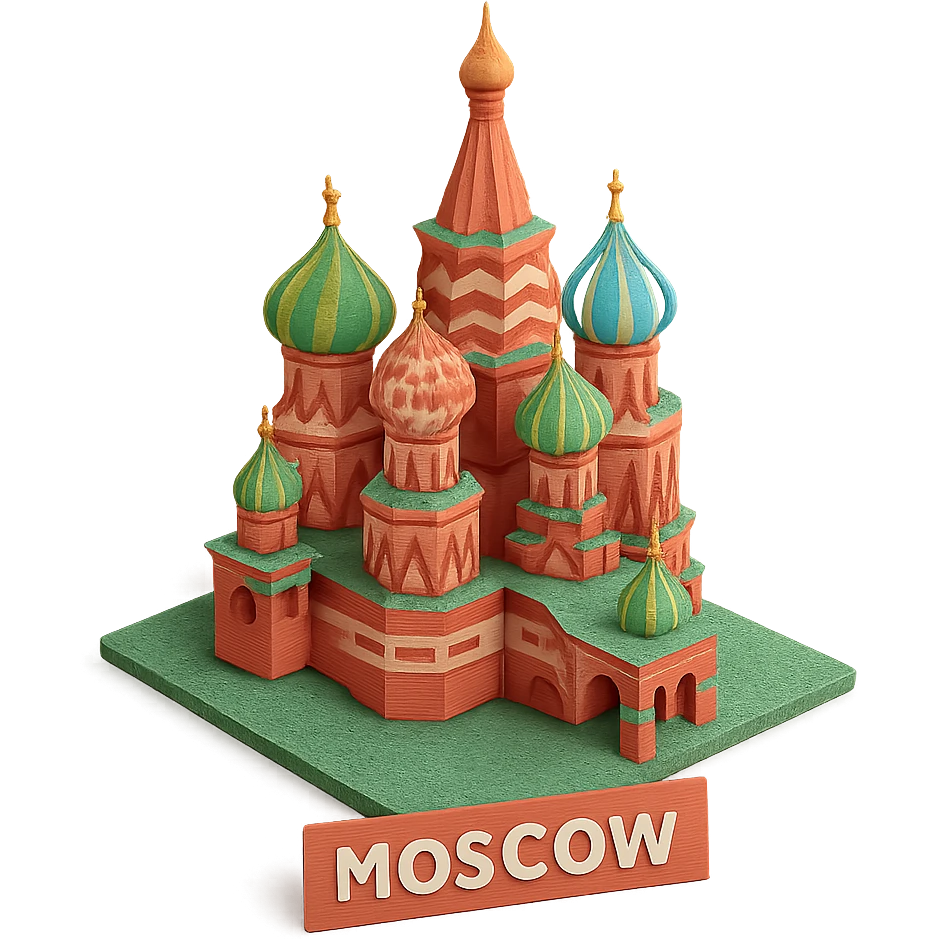 Isometric illustration of Moscow, featuring photorealistic Saint Basil's Cathedral with colorful onion domes, transparent background emoji