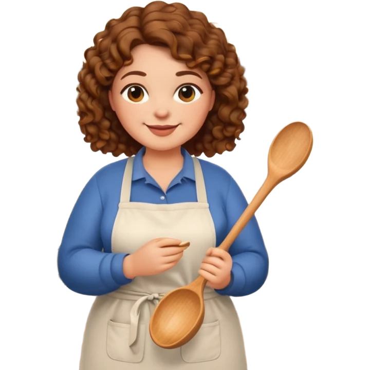 Create a friendly, smiling emoji avatar of a plus size woman with curly hair, warm skin tone, wearing casual kitchen clothes, holding a wooden spoon or standing in a cozy kitchen setting. The style should be cute and simple, suitable for a healthy cooking Instagram page.” emoji