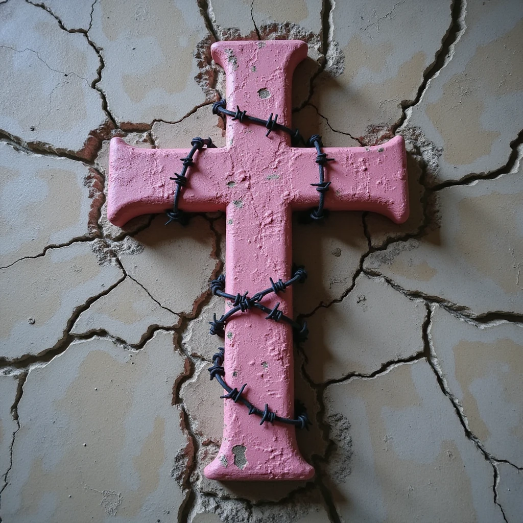 realistic gothic cross, pink with barbed wire and a cracked stone texture, photorealistic style, no background emoji