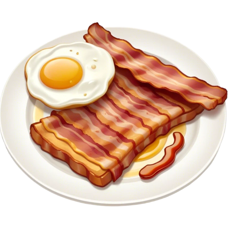 Cinematic crispy sizzling bacon, slightly curled, golden-brown with a perfect crunch, glistening with rich flavor, deep warm tones, served on a breakfast plate, comforting and indulgent. emoji