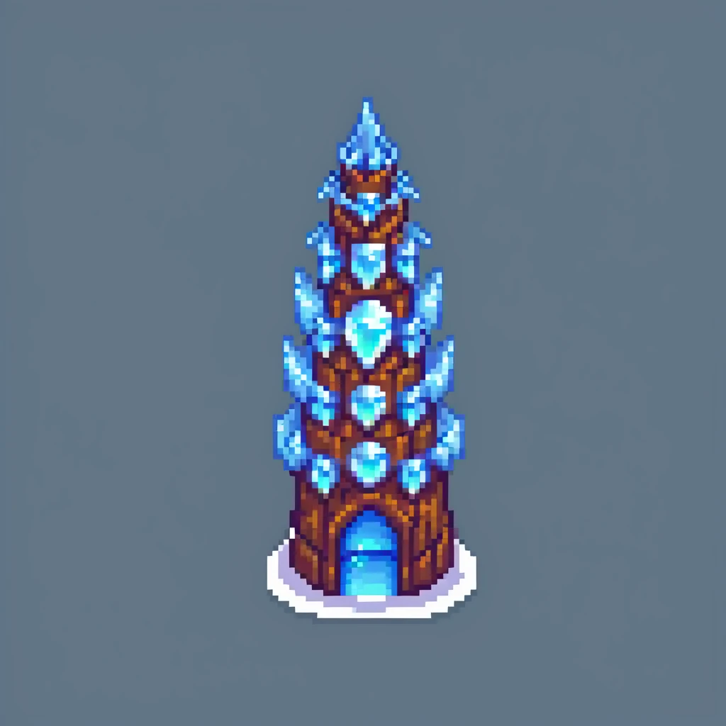 Magical ice tower home for a penguin wizard with glowing windows and magical aura emoji