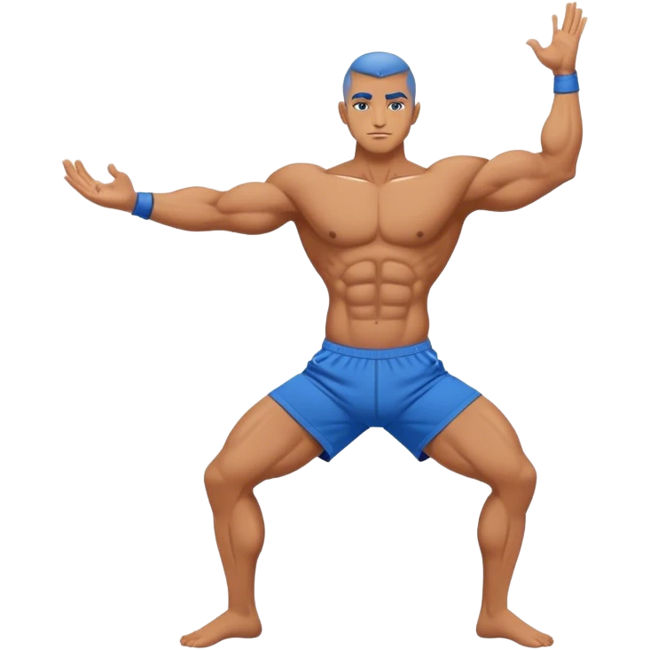 bodybuilder blue short warrior-II yoga pose emoji