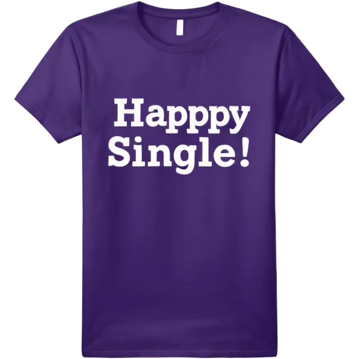 Dark purple tshirt with white typography color print "happy single!" On front. No emoji icons, no emoji faces, no human figures, isolated, 4K quailty, 8000x8000px resolution  emoji