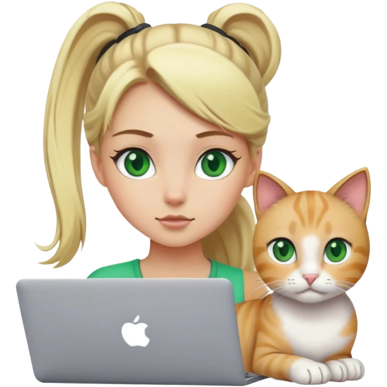 Blonde girl ponytail green eyes with macBook and a cat emoji