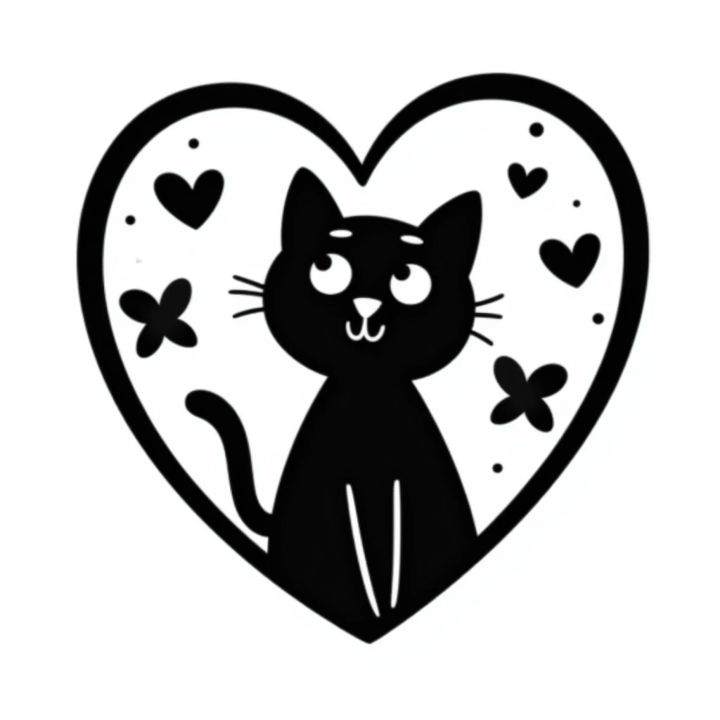 hand drawn cat inside a heart with decorative elements, doodle style emoji