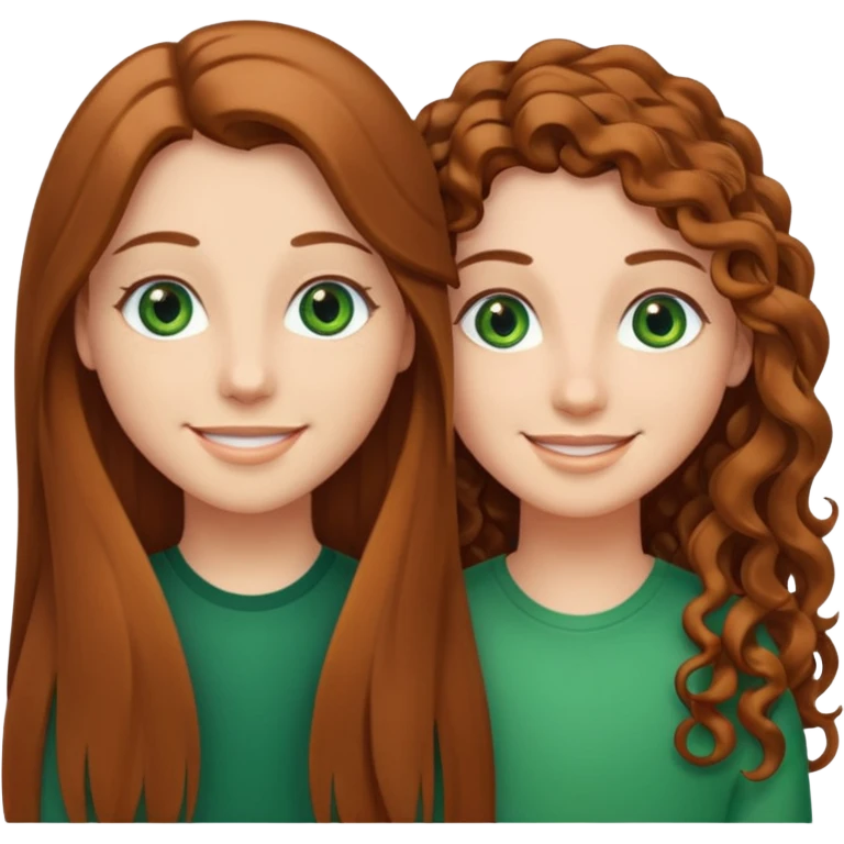 Two besties: 1: long ironed straight hair, green eyes 2: long curly brown hair, brown eyes emoji