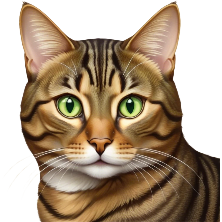 Cinematic Noble Brown Tabby Cat Portrait Emoji, Poised and regal, with sleek, well-groomed fur in warm brown tones accented by bold dark tabby stripes, striking almond-shaped golden-green eyes, Simplified yet sharp and sophisticated features, highly detailed, glowing with a soft, dignified glow, high shine, intelligent and graceful, stylized with an air of elegance, focused and attentive, soft glowing outline, capturing the essence of a watchful and refined feline, so majestic it feels as though it could glide across the screen with effortless confidence! emoji