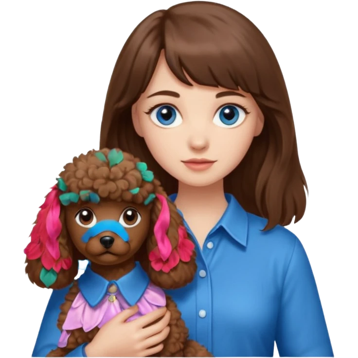 Kobieta z długimi brązowymi włosami, ma grzywkę i niebieskie oczy. Ubrana jest w koszulę. Trzyma na rękach brązowego pudelka. emoji