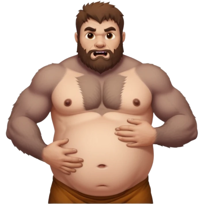 A shirtless pregnant burly male werewolf holding his pregnant belly, he has plump moobs and lactating nipples  emoji