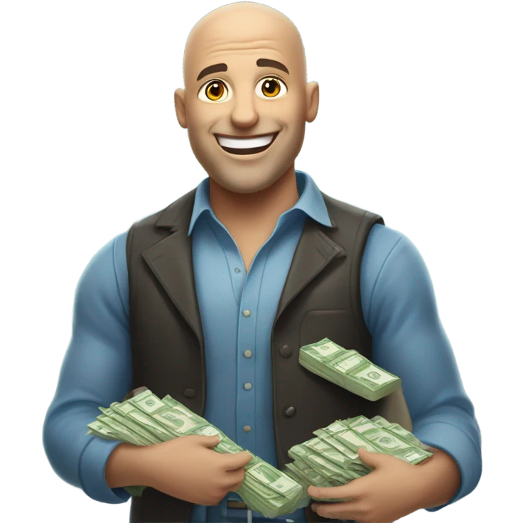Handsome bald man winning a pile of money playing blackjack emoji