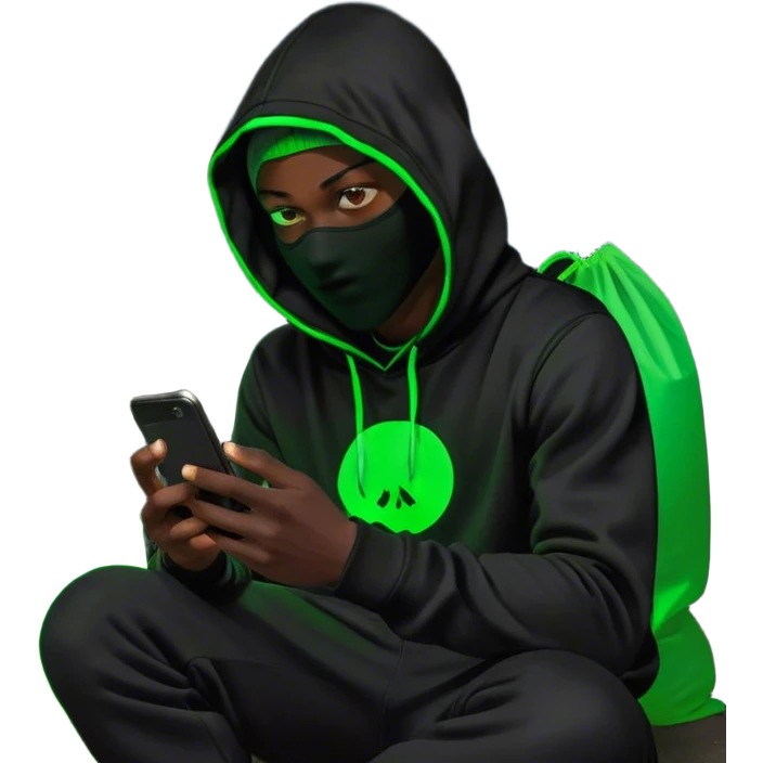 A young man in a black hoodie and balaclava sits at night, engrossed in his smartphone. Behind him, a full moon casts a soft glow, while neon green “HAVEN” blazes against the dark setting. Green and light orange plastic bags surround him. The neon light highlights his face and hands, creating a moody, futuristic atmosphere of mystery and contemplation. emoji