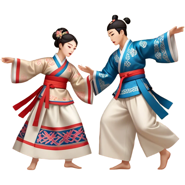 Cinematic Realistic scene of two performers engaging in Ganggangsullae, dressed in traditional Korean costumes with intricate patterns and graceful movements, illuminated by soft, festive lighting that accentuates the cultural ambiance emoji