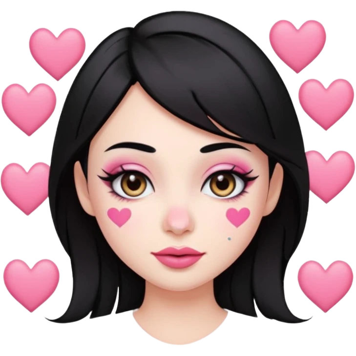 “Emoji girl, pastel pink streaks in black hair hair, bold winged eyeliner, heavy blush on cheeks and nose bridge, under-eye hearts, glossy pink lips, playful smirk.” emoji