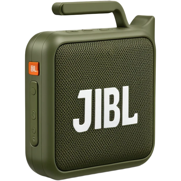 Simple JBL Go Clip 4 portable speaker, military green color, minimal design, iOS emoji style emoji
