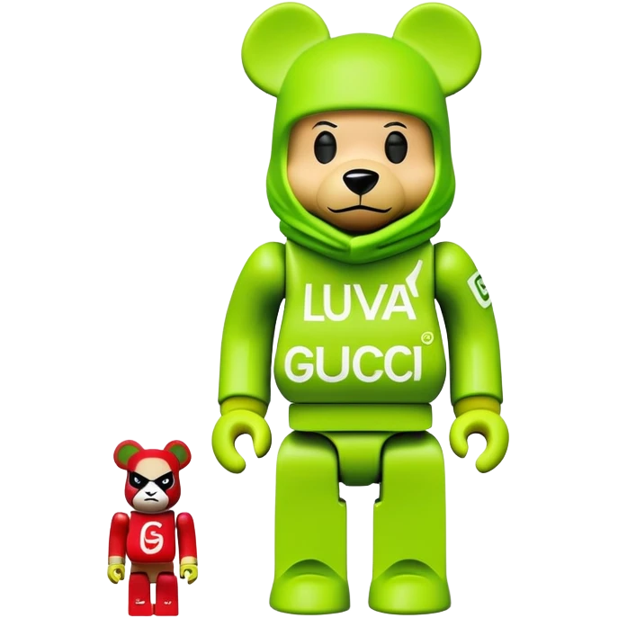 bearbrick with cube head in a lime green balaclava heavily tagged with multiple luxury and street brand logos, random placement like street graffiti, Supreme, Gucci, LV, Nike swooshes all mixed in wild street art style emoji