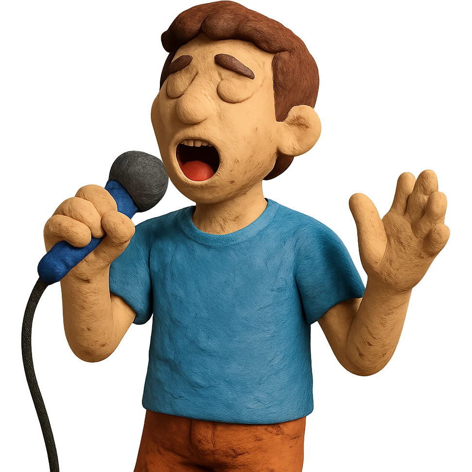 claymation style man aged about 30 singing emoji