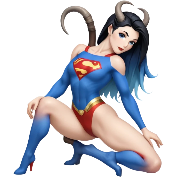 Art of a human white woman's sexy body scheme anatomy-very long and straight black to blue hair ombre with tiny goat antlers-leanimg back-on knees-superman-standing on her right emoji