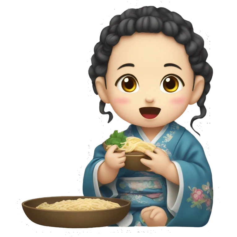 The baby girl eating nodle and with traditional chiese clothes emoji