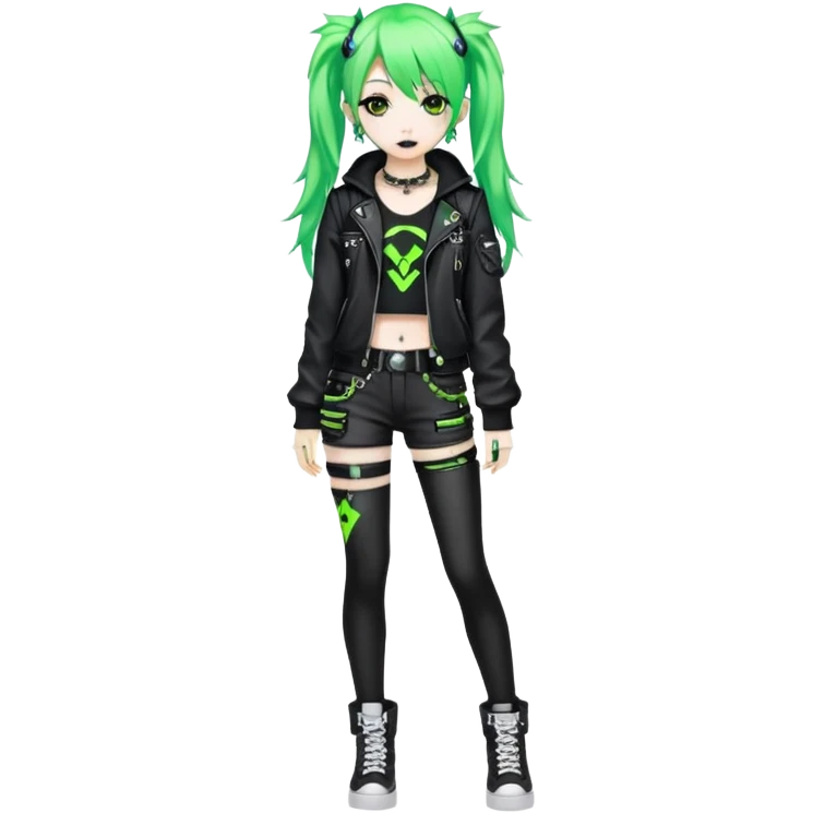 hime gyaru girl, neon green hair, dark makeup, punk clothes standing full body emoji