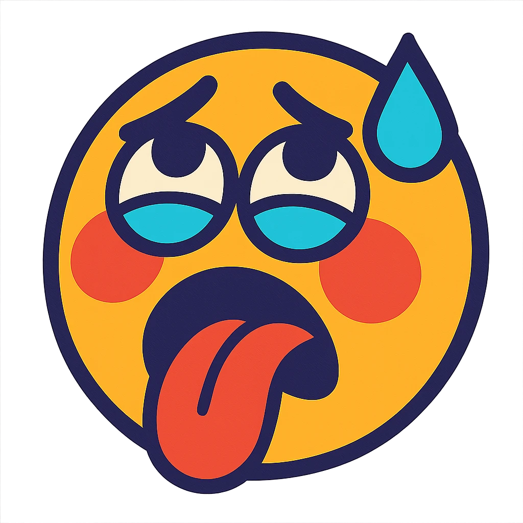 blushing face, eyes rolled up, tongue out, sweat drop on forehead, vibrant toon style emoji