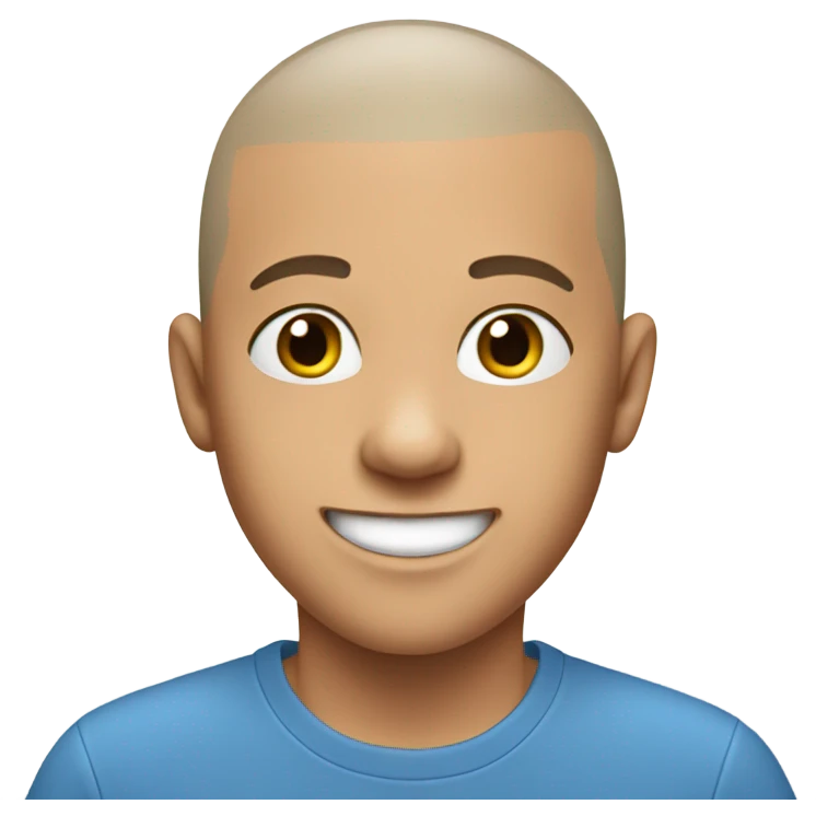 smiling boy in blue shirt with shaved head emoji