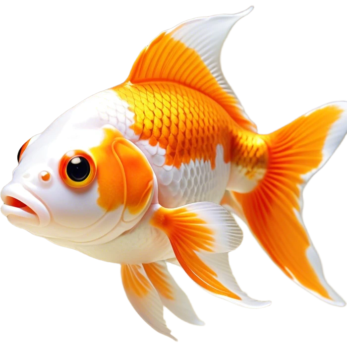 Cinematic Noble Orange and White Goldfish Portrait Emoji, Poised and regal, with a sleek, streamlined build and a vibrant body featuring a harmonious blend of orange and white hues, deep-set soulful golden eyes, Simplified yet sharp and sophisticated features, highly detailed, glowing with a soft, dignified glow, high shine, intelligent and graceful, stylized with an air of aquatic artistry, focused and attentive, soft glowing outline, capturing the essence of a watchful and confident aquatic companion, so majestic it feels as though it could glide out of the screen with effortless authority! emoji