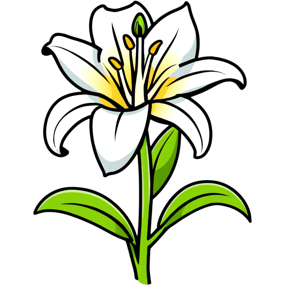 elegant white lily with six distinct petals, one unopened bud, and leafy stem emoji