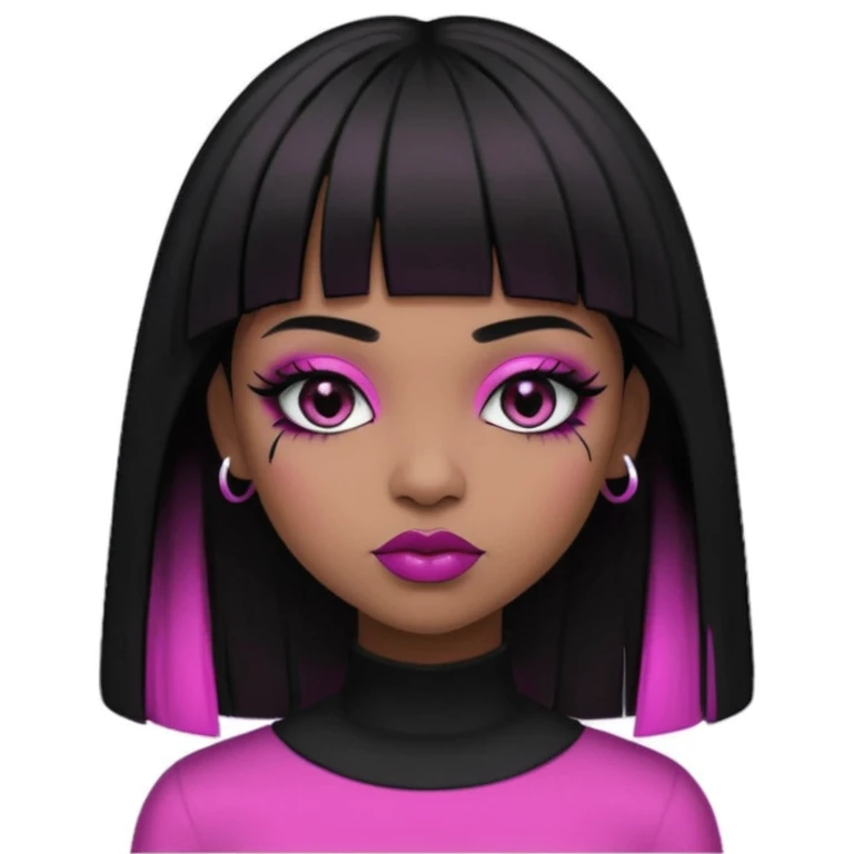 brown skin, straight hair with the ends curved upwards, bangs above the eyebrow, dark brown eyes, girl, half gothic and pink style   emoji