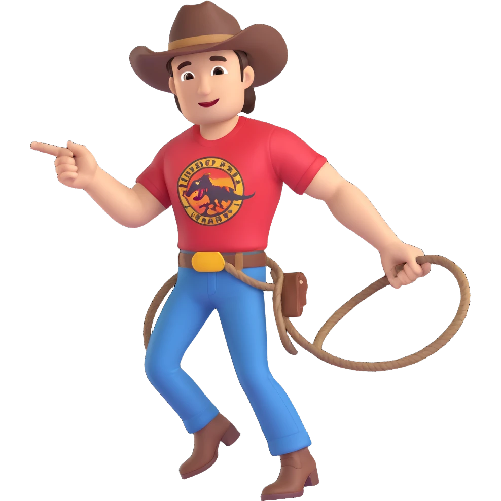 cowboy with Jurassic Park t-shirt holding a lasso, hat tilted, shirt logo clear, playful style emoji